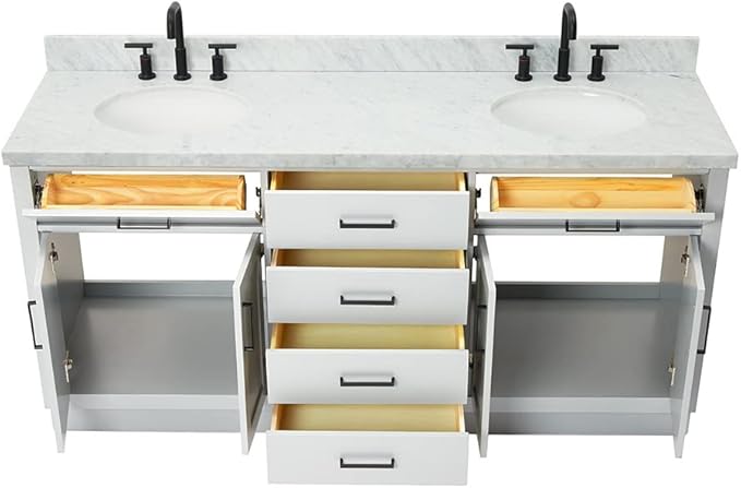 ARIEL Hepburn 72-inch Bathroom Vanity with Sink,Solid Wood, 1.5-inch Italian Carrara Marble Countertop & Backsplash, Double Oval Porcelain Sink, 4 Soft Closing Doors, 6 Dovetail Drawers, Grey