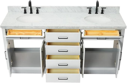 ARIEL Hepburn 72-inch Bathroom Vanity with Sink,Solid Wood, 1.5-inch Italian Carrara Marble Countertop & Backsplash, Double Oval Porcelain Sink, 4 Soft Closing Doors, 6 Dovetail Drawers, Grey