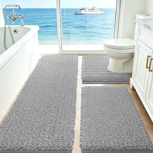 ACCUMTEK Upgrade Extra Large Light Grey Bathroom Rug Set 3 Pieces Gray Ultra Soft, Thick Absorbent Bath Mats, Non Slip Chenille Toilet Mat for Bathroom, Bedroom, Kitchen