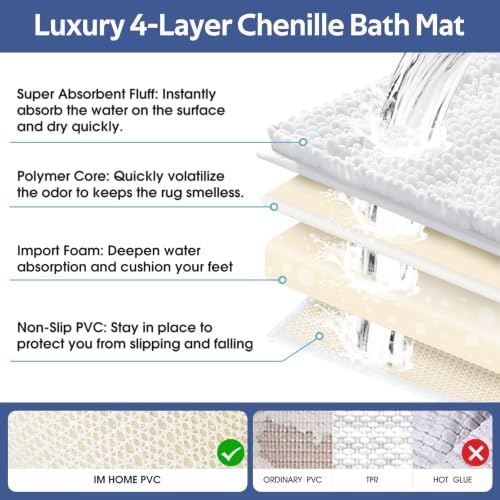 ACCUMTEK Striped White Bathroom Rug Set 3 Pieces Ultra Soft, Non Slip Chenille Toilet Mat, Absorbent Plush Shaggy Bath Mats for Bathroom, Bedroom, Kitchen, Ivory