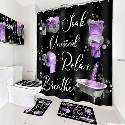 Purple Black Lilac Mauve Funny 4Pcs Bathroom Shower Curtain Set with Rugs