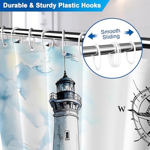 Coastal Lighthouse Shower Curtain with Hooks, Ocean Theme Waterproof Shower Curtains for Bathroom, Metal Grommets & Weighted Hem, Machine Washable Nautical Shower Curtain for Home, 72"W x 72"L