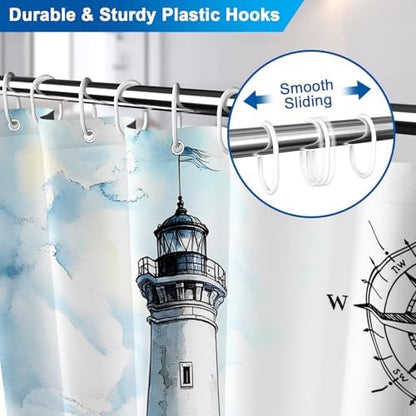 Coastal Lighthouse Shower Curtain with Hooks, Ocean Theme Waterproof Shower Curtains for Bathroom, Metal Grommets & Weighted Hem, Machine Washable Nautical Shower Curtain for Home, 72"W x 72"L