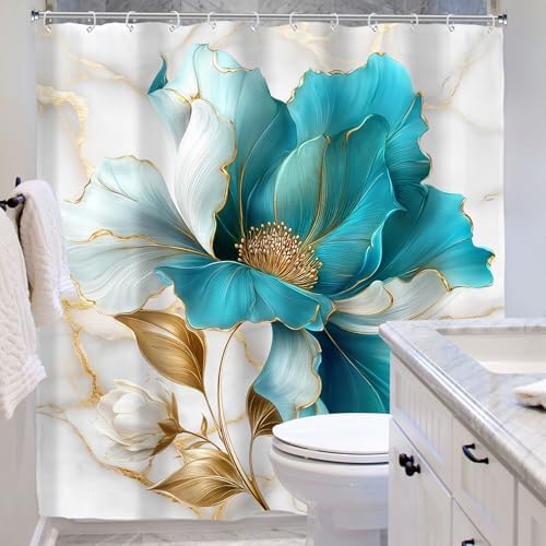 Teal Gold Marble Floral Extra Long Abstract Art Bathroom Shower Curtain Set