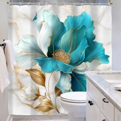 Teal Gold Marble Floral Extra Long Abstract Art Bathroom Shower Curtain Set