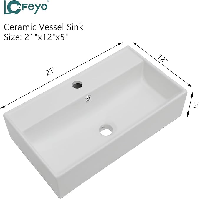 21x12 Inch Wall Mounted Vessel Sink with Gold Faucet and Drain Combo, White Ceramic Rectangle Bathroom Vanity Basin, Modern Floating Lavatory for Small Bathroom