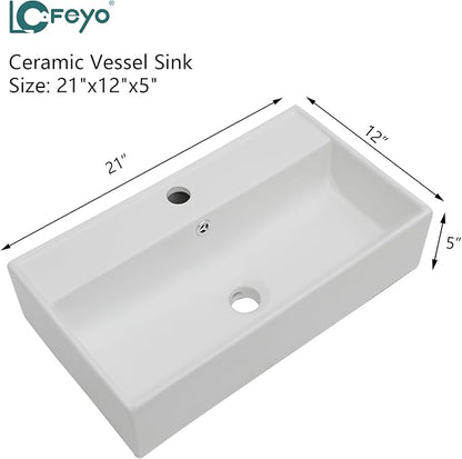 21x12 Inch Wall Mounted Vessel Sink with Gold Faucet and Drain Combo, White Ceramic Rectangle Bathroom Vanity Basin, Modern Floating Lavatory for Small Bathroom
