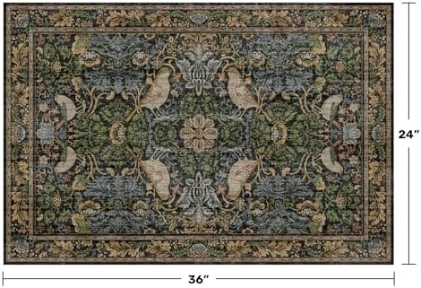Hazo Haus Washable Dark Vintage Floral Rugs for Entryway - Small 2x3 Washable Rug for Kitchen Bathroom Door Mat Indoor Entrance with Bird & Botanical Pattern, Brown Earthy Tones, Non Slip Low Pile
