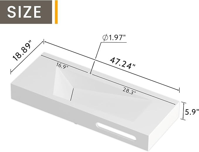 QJ&XY Resin Bathroom Sink 48" Wall Mounted V-Shaped White Basin with Towel Rack, Floating Vanity Sink in Soft-Touch Finish (Single Tier)