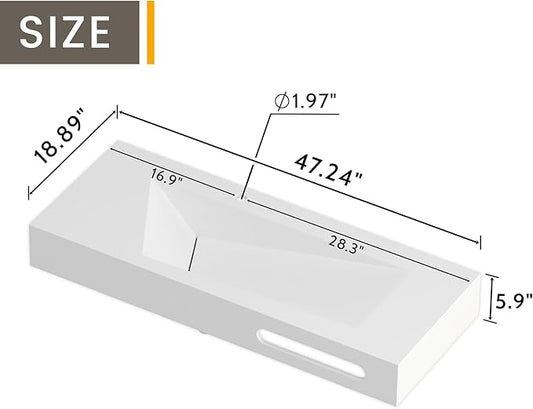 QJ&XY Resin Bathroom Sink 48" Wall Mounted V-Shaped White Basin with Towel Rack, Floating Vanity Sink in Soft-Touch Finish (Single Tier)
