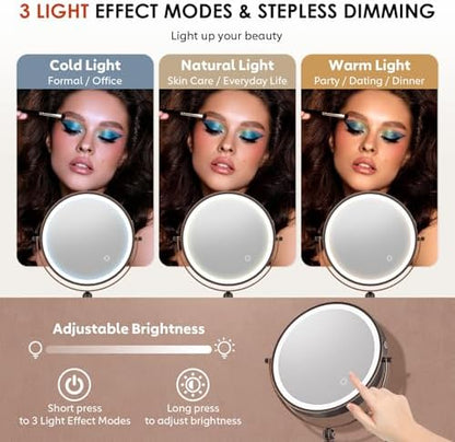 9" Wall Mounted Lighted Makeup Mirror,4000mAh Rechargeable Double Sided 1X/20X Magnifying Mirror with Light,Touch Dimmable,Extended Arm 360 Rotation Wall Mounted Makeup Mirror 3 Color Lights-Bronze
