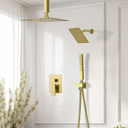 Shower System Shower Faucet Set, STARBATH 12"+6" Ceiling Mount Rain Shower Head and Handheld Spray for Two Person, Rainfall Shower System with Diverter Valve and Trim Kit Complete,Brushed Gold