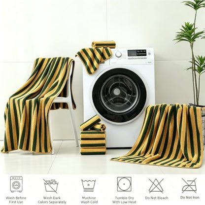 18 Pcs Yellow Green Cabana Stripe Bath Towel Set with Hanging Loop-6 Bath Towels,6 Hand Towels,6 Washcloths Family Towels Soft Microfiber Highly Absorbent Shower Towel for Bathroom Beach Spa Gym