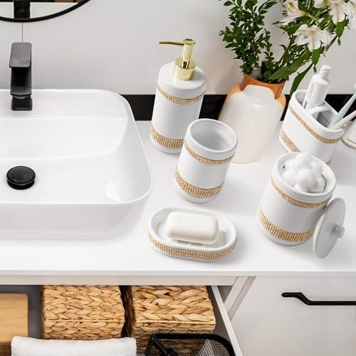 RQYIXI Ceramic Bathroom Accessories Set,White,5 Piece,Rhinestone Design