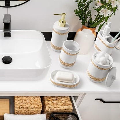 RQYIXI Ceramic Bathroom Accessories Set,White,5 Piece,Rhinestone Design