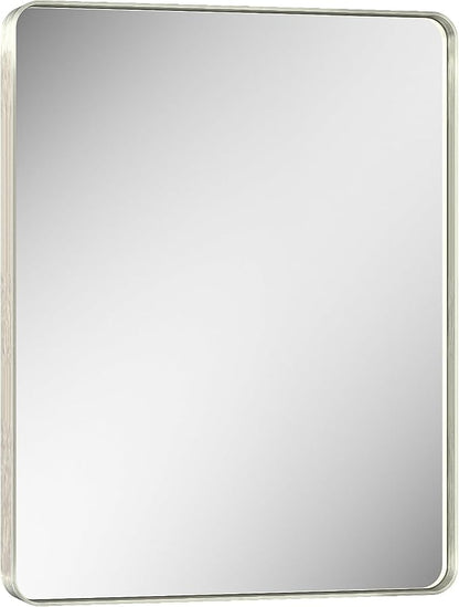 Keonjinn 28 x 36 Inch Brushed Nickel Bathroom Mirror, Tempered Glass | Rounded Rectangle Vanity Mirror, Silver Bathroom Mirrors for Over Sink, Rust-Resistant Aluminum Frame, French Cleat Mount