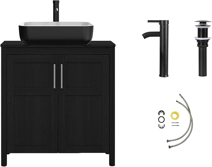 YOURLITE 30" Bathroom Vanity with Sink, Black Bathroom Vanity Cabinet, Faucet & Pop Up Drain Set,Traditional Vanity with with White & Black Ceramic Sink