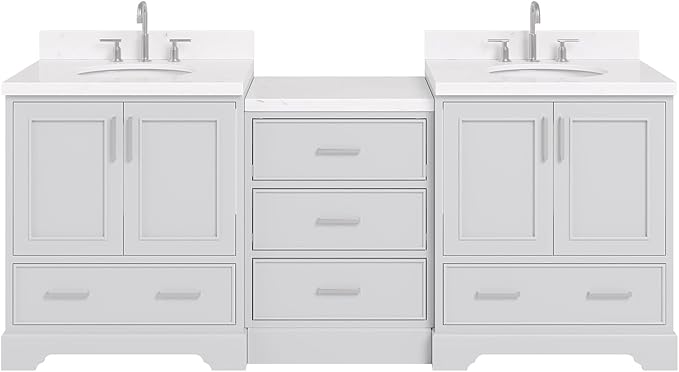 ARIEL Stafford 84-inch Bathroom Vanity with Sink,Solid Wood, 1.5in Carrara White Quartz Countertop & Backsplash, Double Oval Porcelain Sink, 4 Soft Closing Doors, 5 Dovetail Drawers, Grey