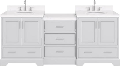 ARIEL Stafford 84-inch Bathroom Vanity with Sink,Solid Wood, 1.5in Carrara White Quartz Countertop & Backsplash, Double Oval Porcelain Sink, 4 Soft Closing Doors, 5 Dovetail Drawers, Grey