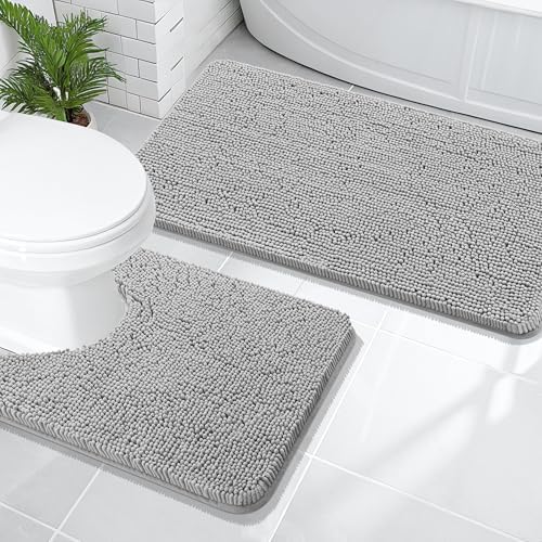 OLANLY Chenille Bathroom Rugs Mats Set 2 Piece, 47"x20"+24"x20", Light Grey