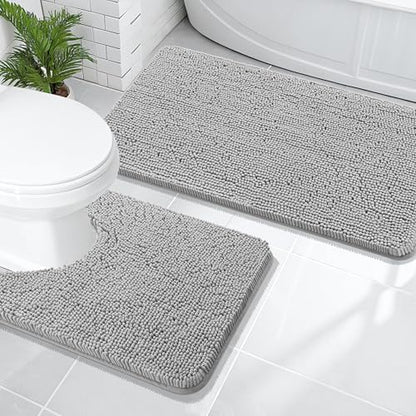 OLANLY Chenille Bathroom Rugs Mats Set 2 Piece, 47"x20"+24"x20", Light Grey