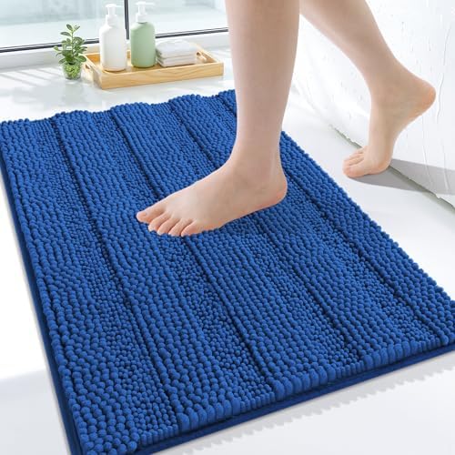Grandaily Chenille Striped Bathroom Rugs 24x16, Extra Thick and Soft Absorbent Bath Mats, Rubber Backing, Plush Shaggy Shower Carpet, Machine Wash Dry, Bath Rug for Bathroom, Deep Navy Blue