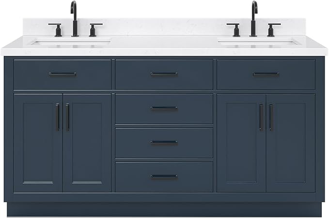 ARIEL Hepburn 66-inch Bathroom Vanity with Sink,Solid Wood, 1.5-inch Carrara White Quartz Countertop, Double Rectangular Porcelain Sink, 4 Soft Closing Doors, 6 Dovetail Drawers, Midnight Blue