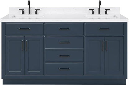 ARIEL Hepburn 66-inch Bathroom Vanity with Sink,Solid Wood, 1.5-inch Carrara White Quartz Countertop, Double Rectangular Porcelain Sink, 4 Soft Closing Doors, 6 Dovetail Drawers, Midnight Blue