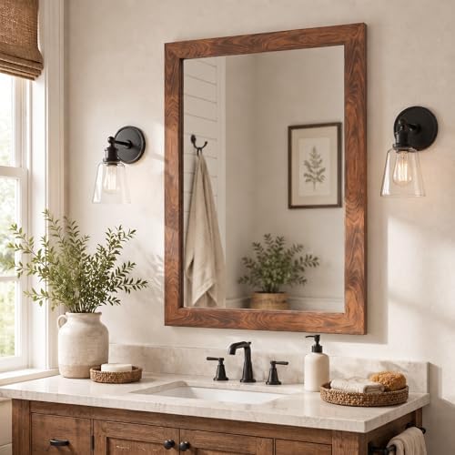 Walnut 24x36 Inch Wood-Grain Rectangular Wall Mirror