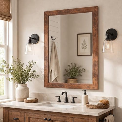 Walnut 24x36 Inch Wood-Grain Rectangular Wall Mirror