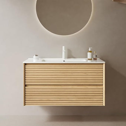 36" Floating Bathroom Vanity with Sink, Wall Mounted Modern Bathroom Cabinet with 2 Soft Close Drawers, Oak & Plywood, Pre-Assembled with Integrated Ceramic Basin – Sedona, Light Oak
