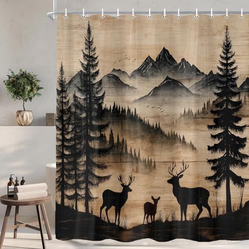 Rustic Deer Shower Curtain, Cabin Country Wood Lodge Hunting Wild Animal Vintage Farmhouse Hunting Camping Camper RV Bathroom Decor Polyester Fabric Mens Bath Curtain Set with Hooks,70X85IN