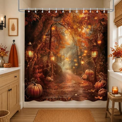 Fall Pumpkins Shower Curtain，Halloween Autumn Thanksgiving Harvest Forest Rural Trail Bathroom Decor，72 x 78 Inch Polyester Fabric Waterproof Bathroom Curtain with Hooks