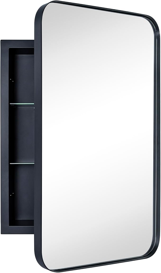 Matt Black Rectangle Recessed Bathroom Medicine Cabinet with Mirror Stainless Steel Metal Framed Rounded Rectangular Bathroom Cabinet with Mirror 16x24''