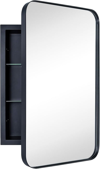 Matt Black Rectangle Recessed Bathroom Medicine Cabinet with Mirror Stainless Steel Metal Framed Rounded Rectangular Bathroom Cabinet with Mirror 16x24''