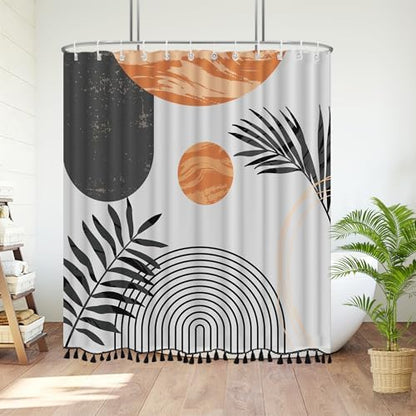 Boho Mid Century Leaf Shower Curtain Set,Arch Sun Design,Minimalistic Leaves Pattern,Waterproof and Luxurious Fabric-12 Hooks(Grey-72" x 78")