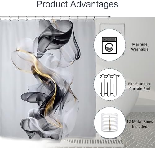 Abstract Modern Minimalist Shower Curtain 60Wx72L Inch Black Gold Gray Neutral Contemporary Art Aesthetic Bathroom Set Accessories Decor with 12 Pack Hooks
