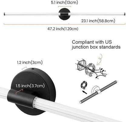 Bathroom Vanity Lights 47" Long LED Vanity Light Bar Black | 360° Bright Bathroom Lights, Dimmable Vanity Light, Hardwired Wall Light 3000K Warm White for Mirror
