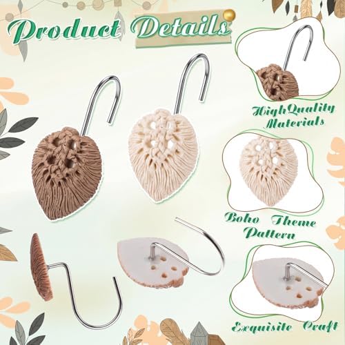 Thyle 12 Pcs Boho Shower Curtain Hooks, Bohemian Tassel Ornament Rings Shower Curtain Hooks Holiday Decorative for Bathroom Accessories