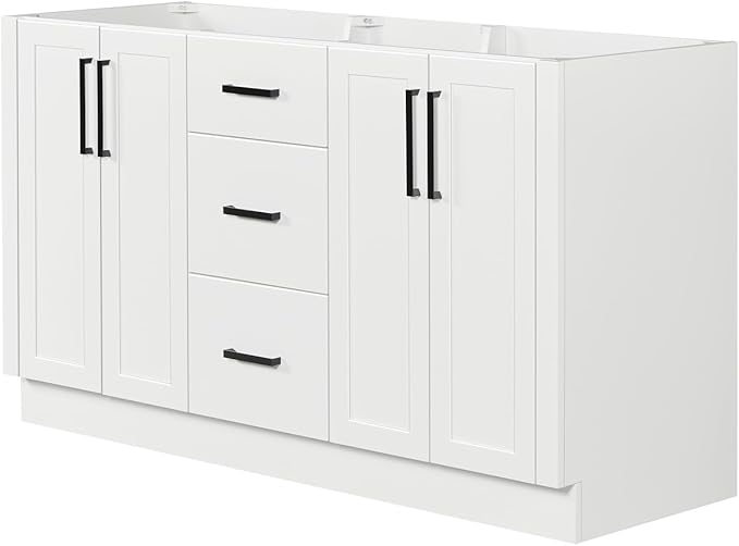 ARIEL Loren 60-inch Bathroom Vanity Base Cabinet,Solid Wood, 4 Soft Closing Doors, 3 Dovetail Drawers, White