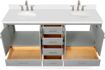 ARIEL Cambridge 72-inch Bathroom Vanity with Sink,Solid Wood, 1.5-inch Pure White Quartz Countertop & Backsplash, Double Oval Porcelain Sink, 4 Soft Closing Doors, 6 Dovetail Drawers, Grey