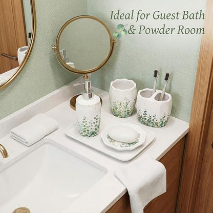 Newtay Sage Bathroom Accessories Set 4 Piece, Ceramic Soap Dispenser with Pump, Toothbrush Holder, Tumbler Cup & Soap Dish, Botanical Greenery Countertop Decor, White with Gold Speckles