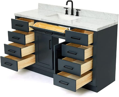 ARIEL Hepburn 60-inch Bathroom Vanity with Sink,Solid Wood, 1.5-inch Italian Carrara Marble Countertop, Single Rectangular Porcelain Sink, 2 Soft Closing Doors, 9 Dovetail Drawers, Midnight Blue