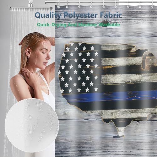 Thin Blue Line USA Map Pride Flag Shower Curtain with Hooks 72 x 72 Inch