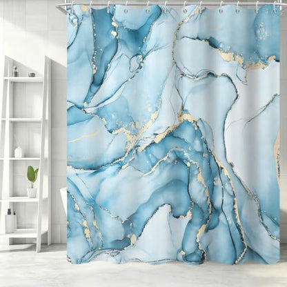 Aqua Blue Marble Shower Curtain Modern Abstract Luxury Gold Ink Texture Ombre Watercolor Bathroom Curtain Set with Hooks Soft and Lightweight Waterproof Fabric Machine Washable 36" Wx72 L