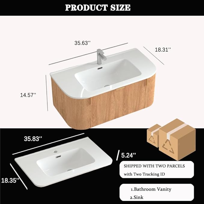36'' Floating Bathroom Vanity with Sink, Wall Mounted Modern Bathroom Cabinet W/Curved Edges Stripes, Oak & Plywood, Pre-Assembled with Integrated Ceramic Basin – Havana, Natural Oak