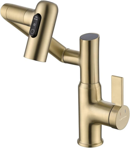 Lefton Bathroom Rotatable Faucet with Tempratrue Display in Celsius (Batteries-Free) & 3 Water Modes, BF2204-6C (Brushed Gold-Celsius)