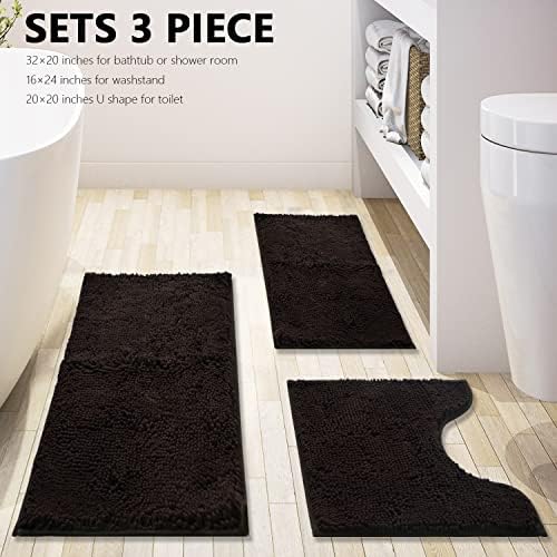 Bathroom Rugs Chenille 3-Piece Extra Soft and Absorbent Shag Bathroom Rugs, Machine Wash Mat, Strong PVC Non-Slip Underside, Plush Carpet Mats (Coffee)