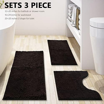 Bathroom Rugs Chenille 3-Piece Extra Soft and Absorbent Shag Bathroom Rugs, Machine Wash Mat, Strong PVC Non-Slip Underside, Plush Carpet Mats (Coffee)