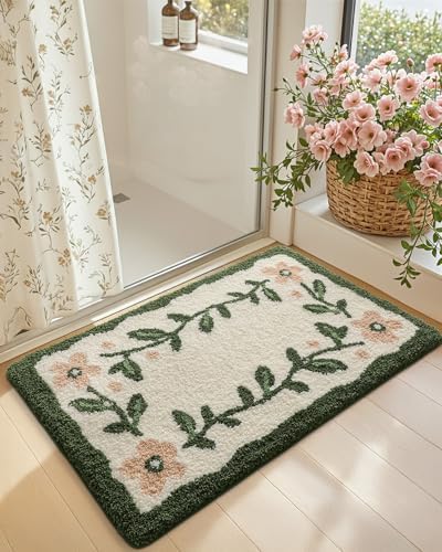DEXI Boho Floral Bathroom Rugs 32x20, Green Leaf Bath Mat Non Slip Washable